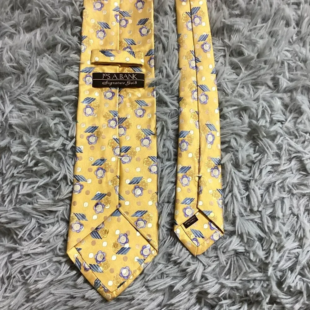 Jos‎ A Bank Signature Gold 100% Silk Tie Yellow Gold Blue Floral Necktie Limited